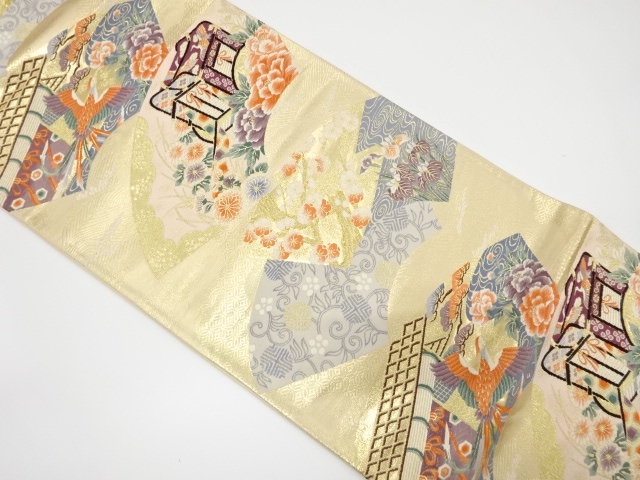 地紙に御所車・花鳥模様織り出し袋帯